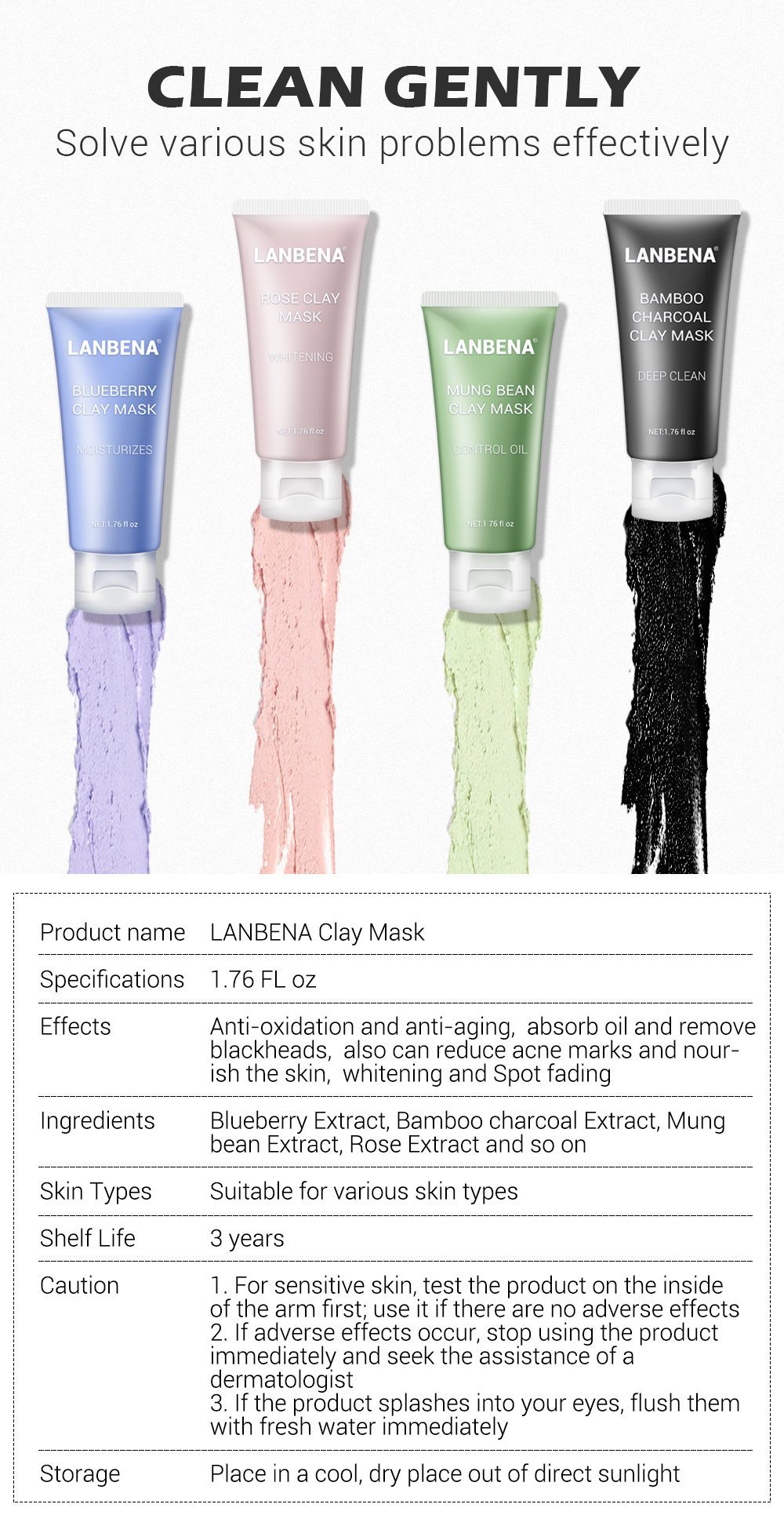 LANBENA Mung Bean Clay Face Mask+Bamboo Charcoal+Blueberry+Rose Deep Cleaning Remove Grease Shrinks Pores Nourishing Skin Care LANBENA Mung Bean Clay Face Mask+Bamboo Charcoal+Blueberry+Rose Deep Cleaning Remove Grease Shrinks Pores Nourishing Skin Care
