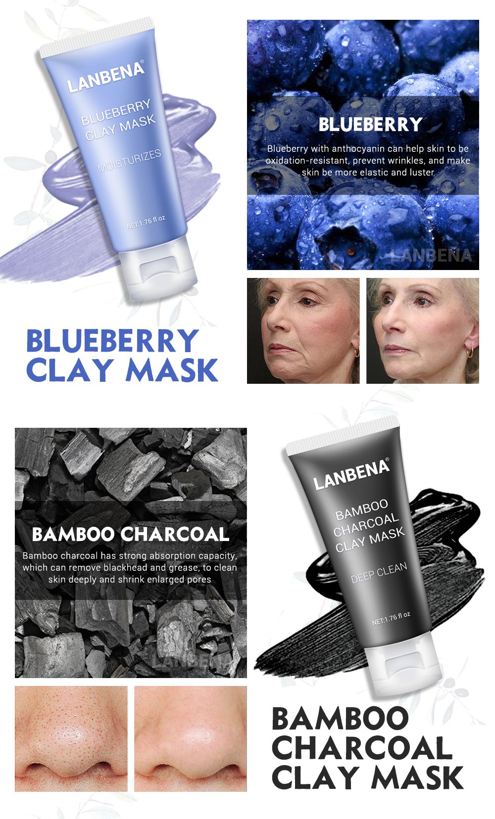 LANBENA Mung Bean Clay Face Mask+Bamboo Charcoal+Blueberry+Rose Deep Cleaning Remove Grease Shrinks Pores Nourishing Skin Care LANBENA Mung Bean Clay Face Mask+Bamboo Charcoal+Blueberry+Rose Deep Cleaning Remove Grease Shrinks Pores Nourishing Skin Care