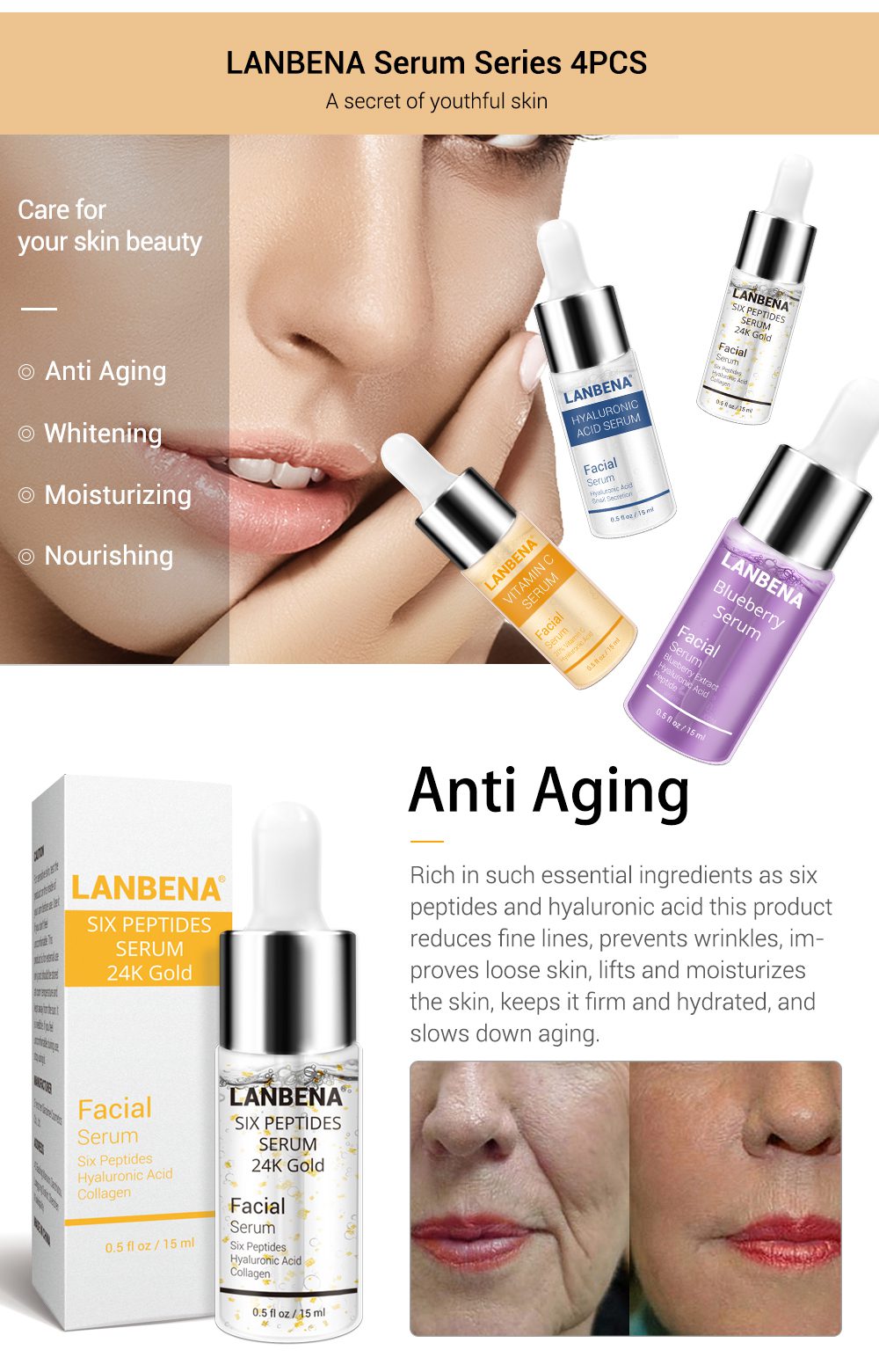 LANBENA Blueberry+hyaluronic Acid+vitamin C+24k Gold Six Peptides Serum Whitening Anti-aging Moisturizing Skin Care set (4pcs) LANBENA Blueberry+hyaluronic Acid+vitamin C+24k Gold Six Peptides Serum Whitening Anti-aging Moisturizing Skin Care set (4pcs)