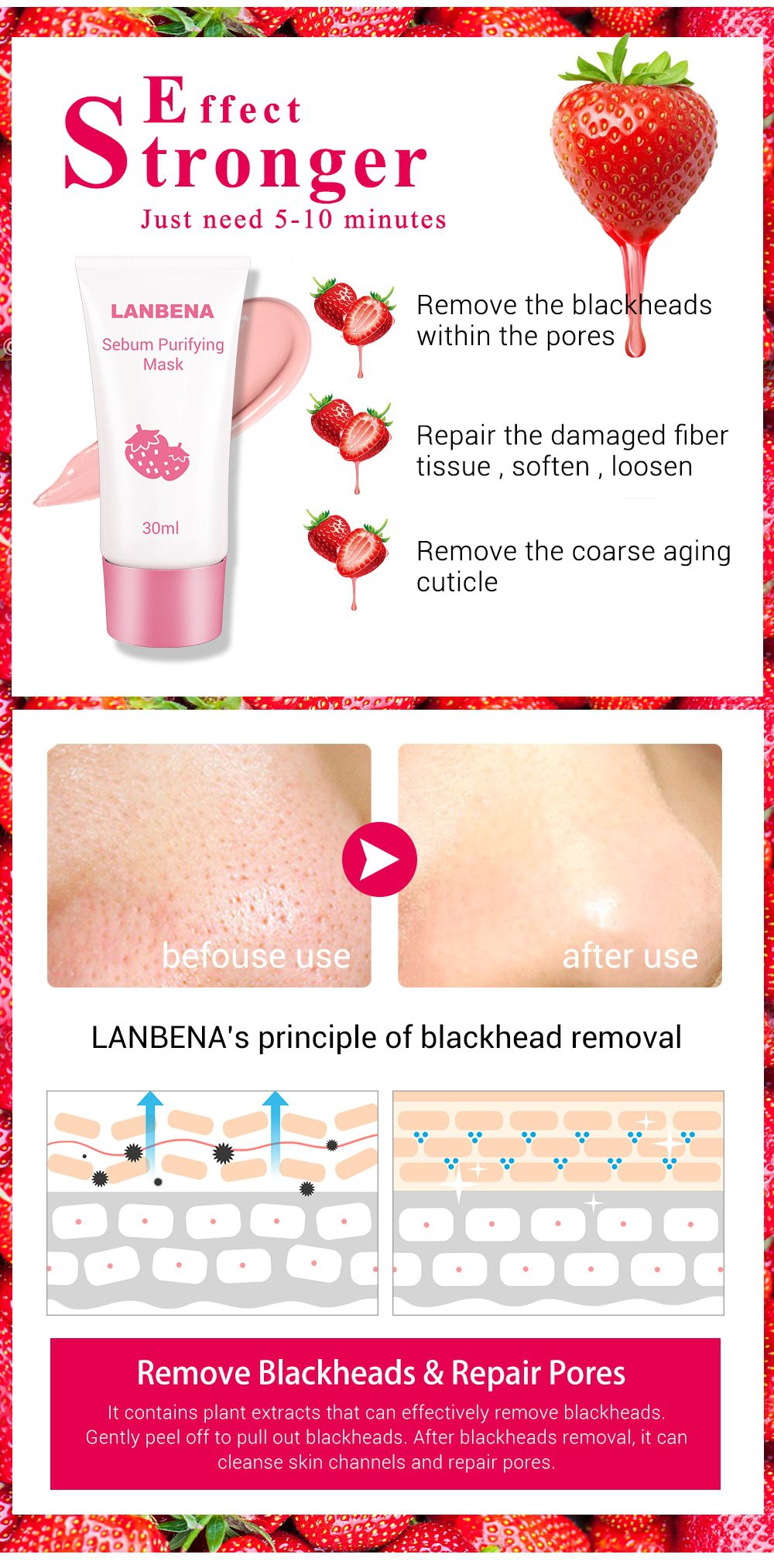 LANBENA Face Mask Strawberry Blackhead Remover Nose Mask Mud Pore Strip Black Mask Peel off Mask Acne Treatment Nose Skin Care LANBENA Face Mask Strawberry Blackhead Remover Nose Mask Mud Pore Strip Black Mask Peel off Mask Acne Treatment Nose Skin Care