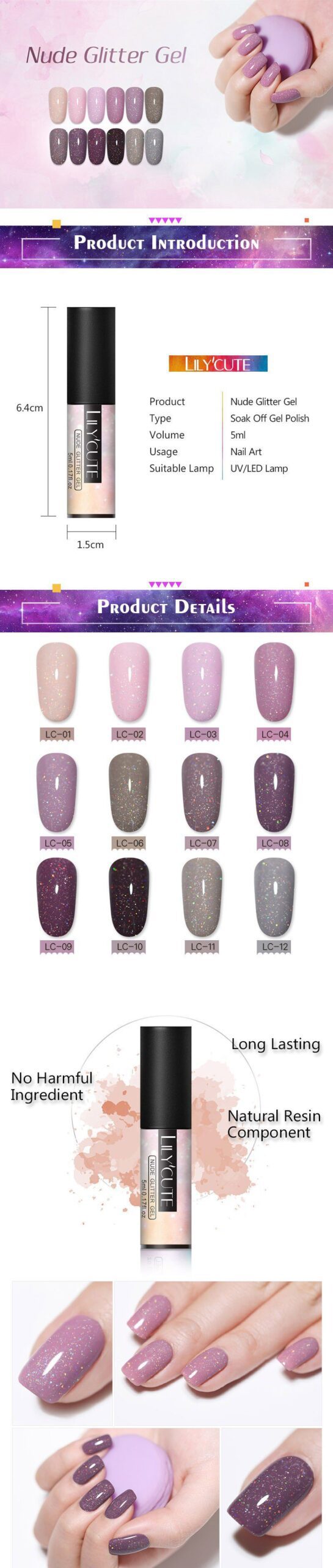 LILYCUTE 5ml Color UV Gel Holographic Glitter Sequins Semi Permanent Soak Off Nail Art Gel Polish Varnish Manicure Design