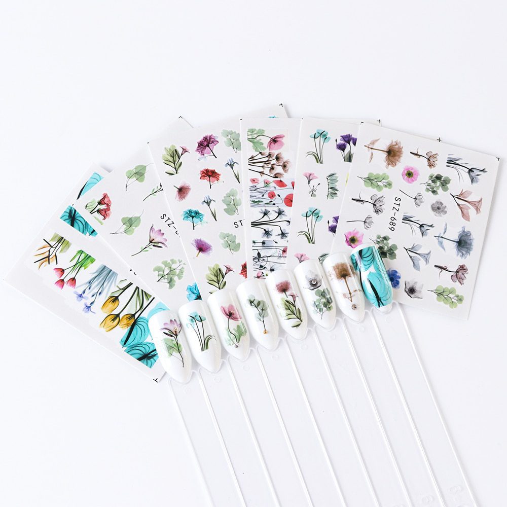 24pcs Watercolor Floral Flower Sticker Nail Decal Set Flamingo Letter Design Gel Manicure Decor Water Slider Foil CHSTZ683-706-1
