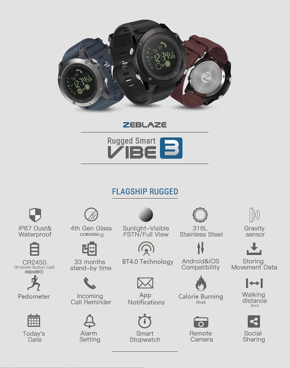 New Zeblaze VIBE 3 Flagship Rugged Smartwatch 33-month Standby Time 24h All-Weather Monitoring Smart Watch For IOS Android Watch New Zeblaze VIBE 3 Flagship Rugged Smartwatch 33-month Standby Time 24h All-Weather Monitoring Smart Watch For IOS Android Watch