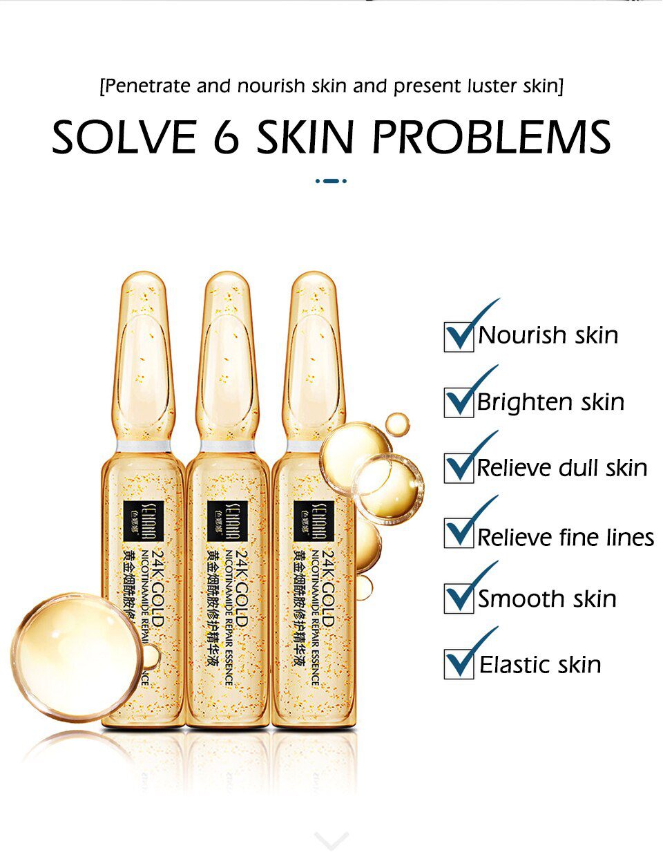 VIBRANT GLAMOUR Niacinamide Anti-Aging Face Serum Gold Ampoule Essence Whitening Moisturizing Lifting Firming Skin Care VIBRANT GLAMOUR Niacinamide Anti-Aging Face Serum Gold Ampoule Essence Whitening Moisturizing Lifting Firming Skin Care
