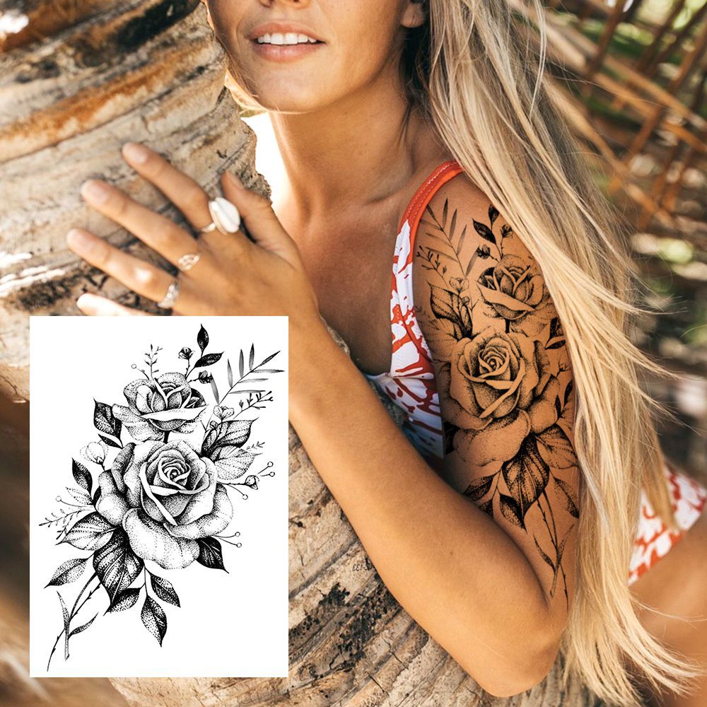 Sexy Flower Temporary Tattoos For Women Body Art Painting Arm Legs Tattoos Sticker Realistic Fake Black Rose Waterproof Tattoos Sexy Flower Temporary Tattoos For Women Body Art Painting Arm Legs Tattoos Sticker Realistic Fake Black Rose Waterproof Tattoos