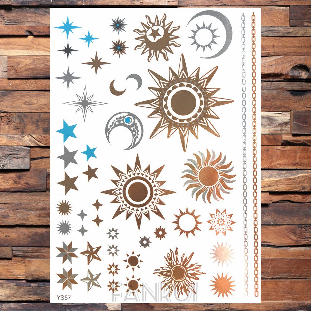 Sexy Sun Moon Star Temporary Tattoo Women Party Body Arm Art Fake Flash Tatoos Gold Metallic Tattoo Stickers Girl Bracelet Wrist Sexy Sun Moon Star Temporary Tattoo Women Party Body Arm Art Fake Flash Tatoos Gold Metallic Tattoo Stickers Girl Bracelet Wrist