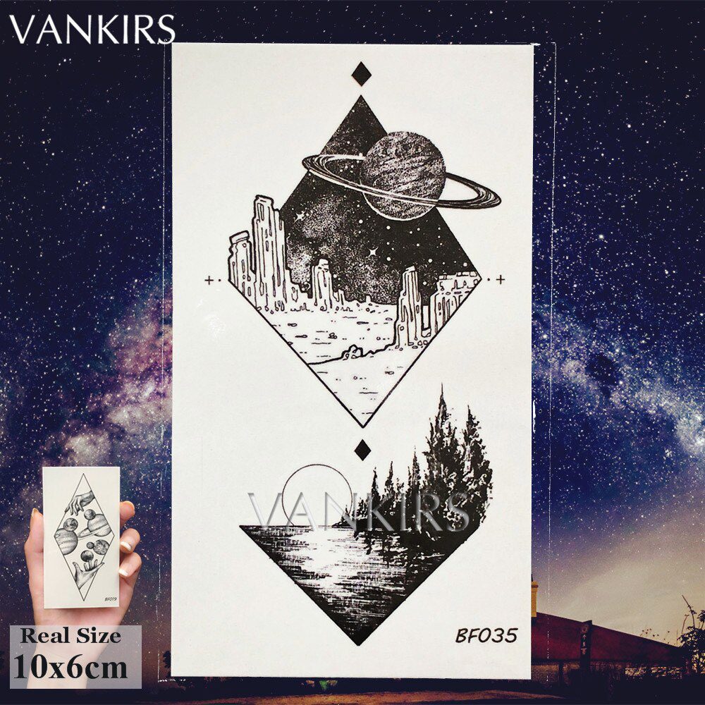 VANKIRS Triangle Ear Galaxy Hill Water Transfer Tattoos Stickers Men Fashion Small Temporary Tatoos Body Arm Fake Custom Tattoo