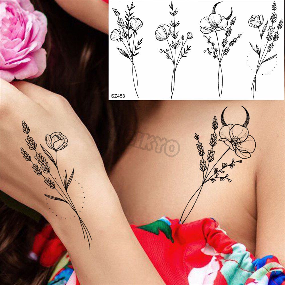 Watercolor Lavender Temporary Tattoos For Women Girls Realistic Sweet Pea Thorns Fake Tattoo Sticker Ear Neck Tatoos Hot Sale Watercolor Lavender Temporary Tattoos For Women Girls Realistic Sweet Pea Thorns Fake Tattoo Sticker Ear Neck Tatoos Hot Sale