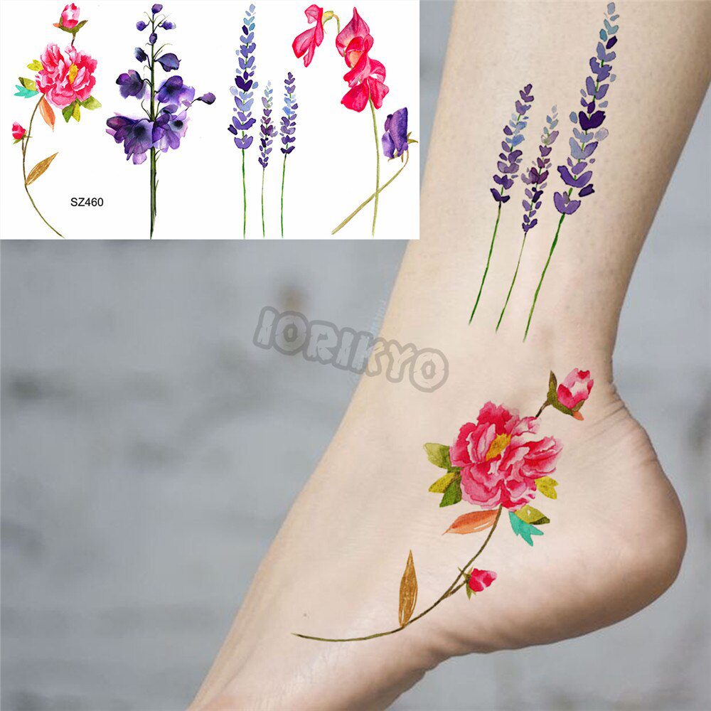 Watercolor Lavender Temporary Tattoos For Women Girls Realistic Sweet Pea Thorns Fake Tattoo Sticker Ear Neck Tatoos Hot Sale Watercolor Lavender Temporary Tattoos For Women Girls Realistic Sweet Pea Thorns Fake Tattoo Sticker Ear Neck Tatoos Hot Sale