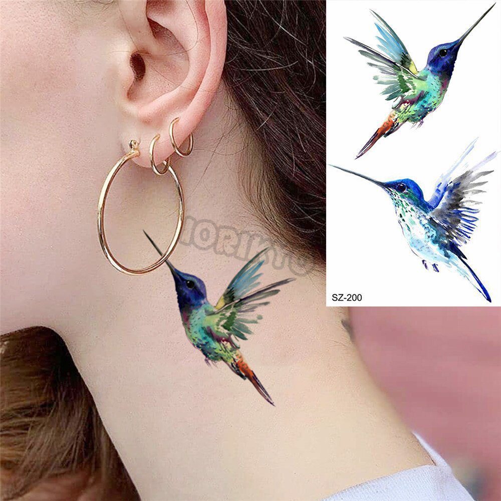 Colorful Hummingbird Small Temporary Tattoos For Women Girls Lavender Plum Blossom Fake Tattoo Sticker Wedding Neck Tatoos Ear Colorful Hummingbird Small Temporary Tattoos For Women Girls Lavender Plum Blossom Fake Tattoo Sticker Wedding Neck Tatoos Ear