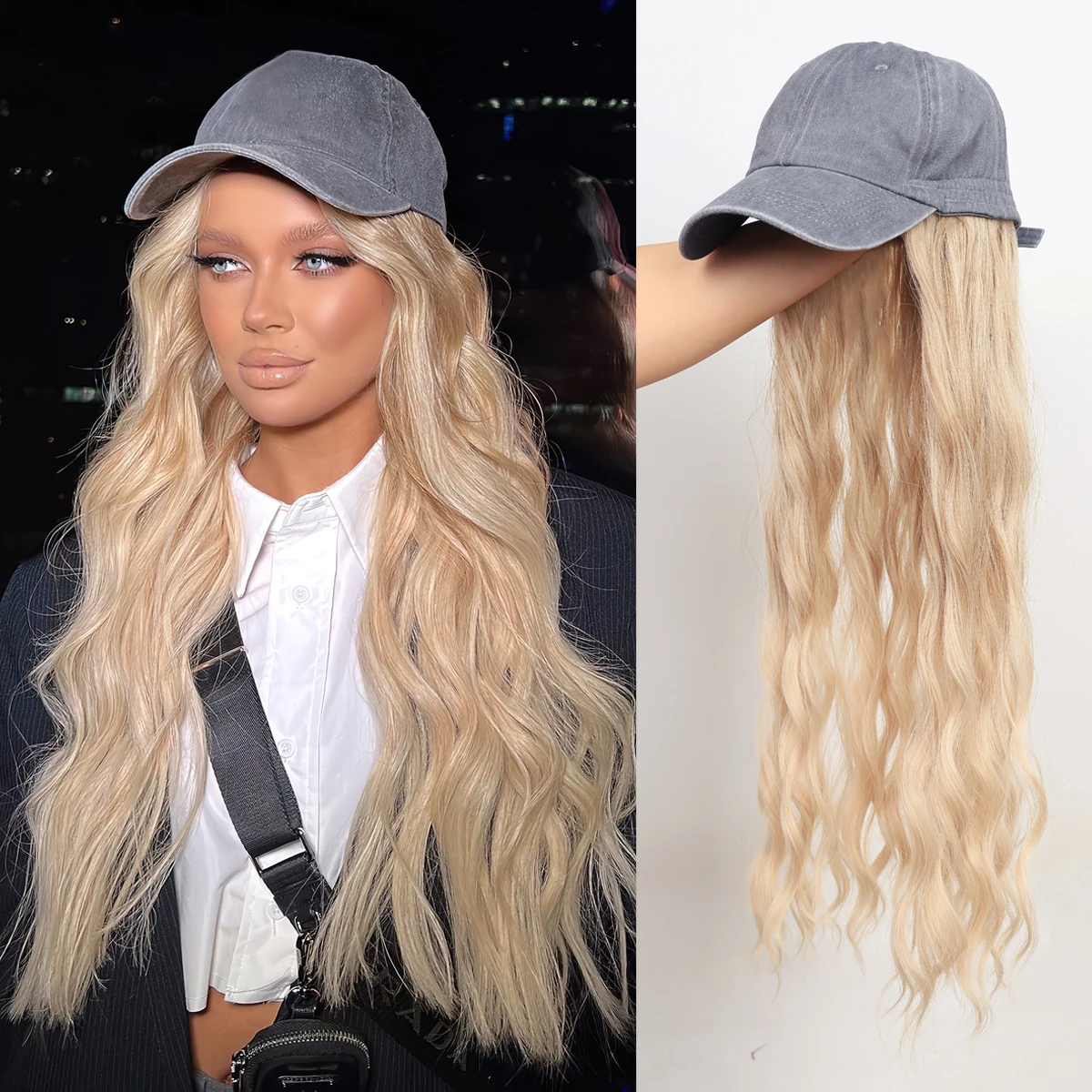Long Wavy Synthetic Baseball Cap Hair Wig for Girl Hair Wig Naturally Connect Hat Wigs Adjustable Long Wavy Synthetic Baseball Cap Hair Wig for Girl Hair Wig Naturally Connect Hat Wigs Adjustable