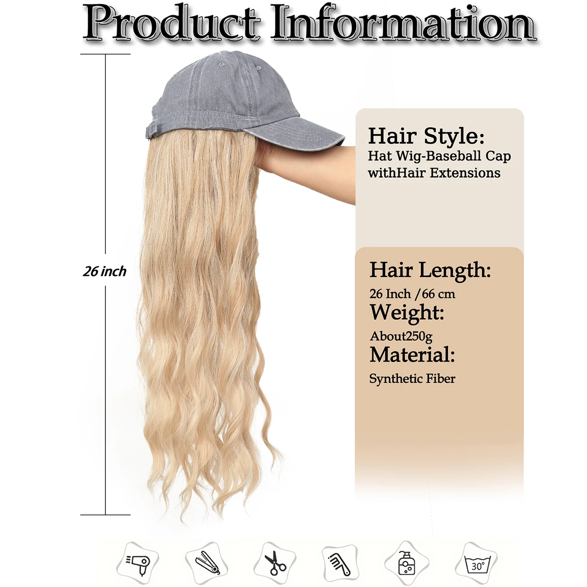 Long Wavy Synthetic Baseball Cap Hair Wig for Girl Hair Wig Naturally Connect Hat Wigs Adjustable Long Wavy Synthetic Baseball Cap Hair Wig for Girl Hair Wig Naturally Connect Hat Wigs Adjustable