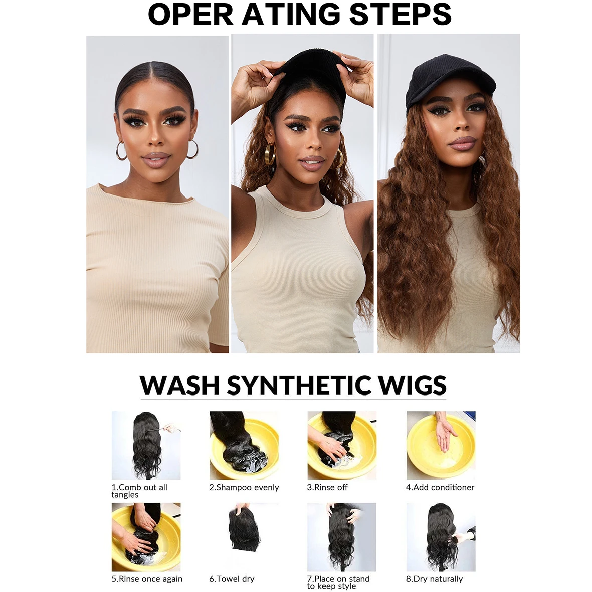 Long Wavy Synthetic Baseball Cap Hair Wig for Girl Hair Wig Naturally Connect Hat Wigs Adjustable Long Wavy Synthetic Baseball Cap Hair Wig for Girl Hair Wig Naturally Connect Hat Wigs Adjustable