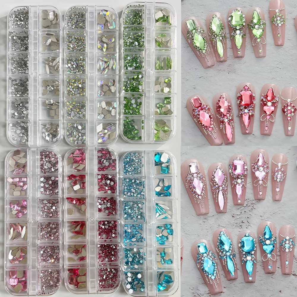 Hot Selling 12 Grids Nail Art Rhinestones Jewelry Set Multi-shapes Colorful Flatback Nail Charms Diamonds 3D Nails Accessories Hot Selling 12 Grids Nail Art Rhinestones Jewelry Set Multi-shapes Colorful Flatback Nail Charms Diamonds 3D Nails Accessories