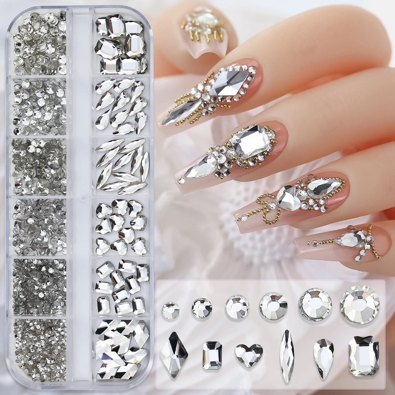 Hot Selling 12 Grids Nail Art Rhinestones Jewelry Set Multi-shapes Colorful Flatback Nail Charms Diamonds 3D Nails Accessories Hot Selling 12 Grids Nail Art Rhinestones Jewelry Set Multi-shapes Colorful Flatback Nail Charms Diamonds 3D Nails Accessories