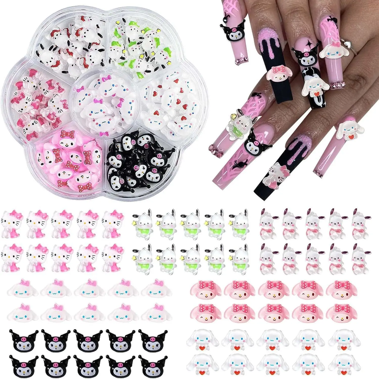 70/50Pcs Anime Sanrioed Nail Tips Charms Kawaii Kuromi Hello Kitty Cinnamoroll Manicure Nail Art Rhinestone Decor Y2K 70/50Pcs Anime Sanrioed Nail Tips Charms Kawaii Kuromi Hello Kitty Cinnamoroll Manicure Nail Art Rhinestone Decor Y2K
