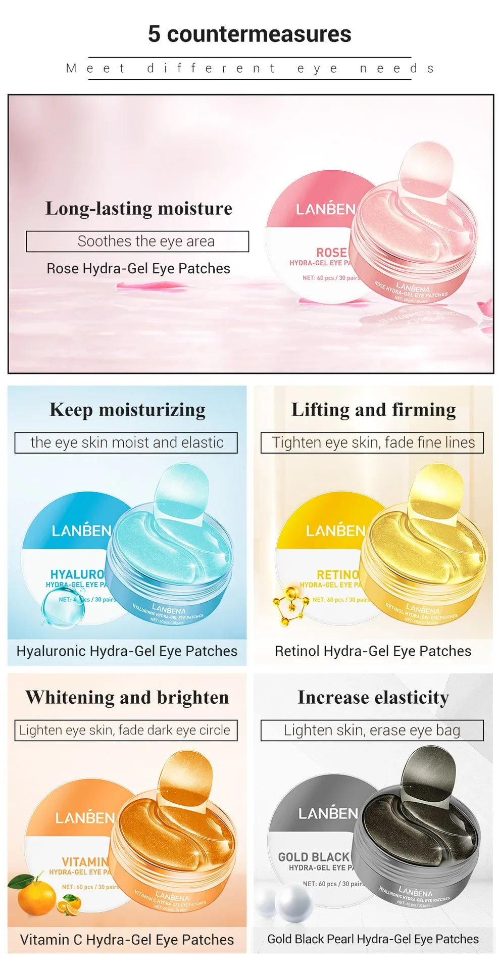 LANBENA Collagen Eye Patch Moisturizing Anti-aging Dark Circle Facial Mask Vitamin C Hyaluronic Retinol Eye Mask 60 Patches LANBENA Collagen Eye Patch Moisturizing Anti-aging Dark Circle Facial Mask Vitamin C Hyaluronic Retinol Eye Mask 60 Patches