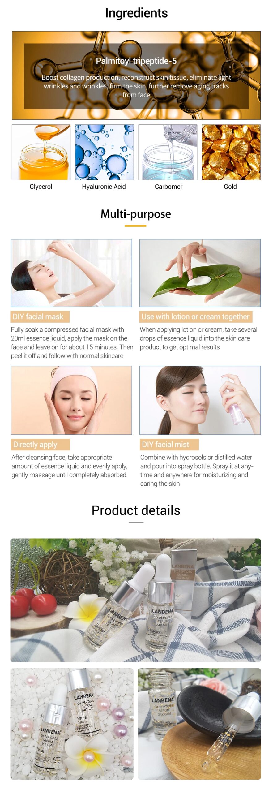 LANBENA Anti-Aging Serum 24K Gold Six Peptides Facial Essence Firming Skin Wrinkle RepairWhitening MoisturizingFaceSik Care10PCS LANBENA Anti-Aging Serum 24K Gold Six Peptides Facial Essence Firming Skin Wrinkle RepairWhitening MoisturizingFaceSik Care10PCS