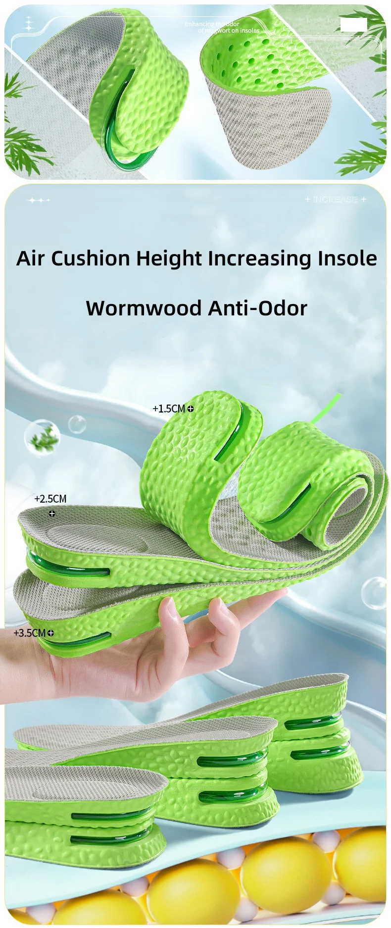 1Pair Air Cushion height increase insoles Breathable Sweat and Anti-Odour Insole Shock Absorbing Insole for Sports Shoes