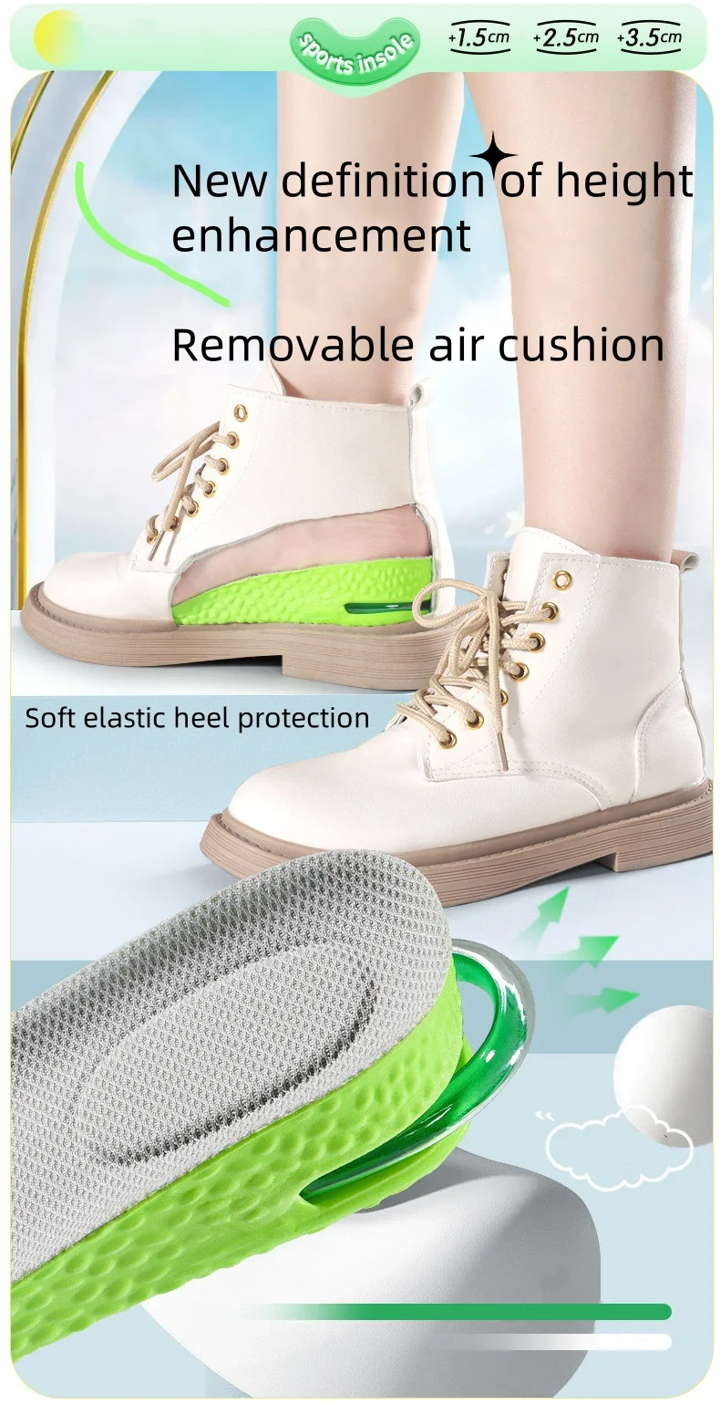1Pair Air Cushion height increase insoles Breathable Sweat and Anti-Odour Insole Shock Absorbing Insole for Sports Shoes
