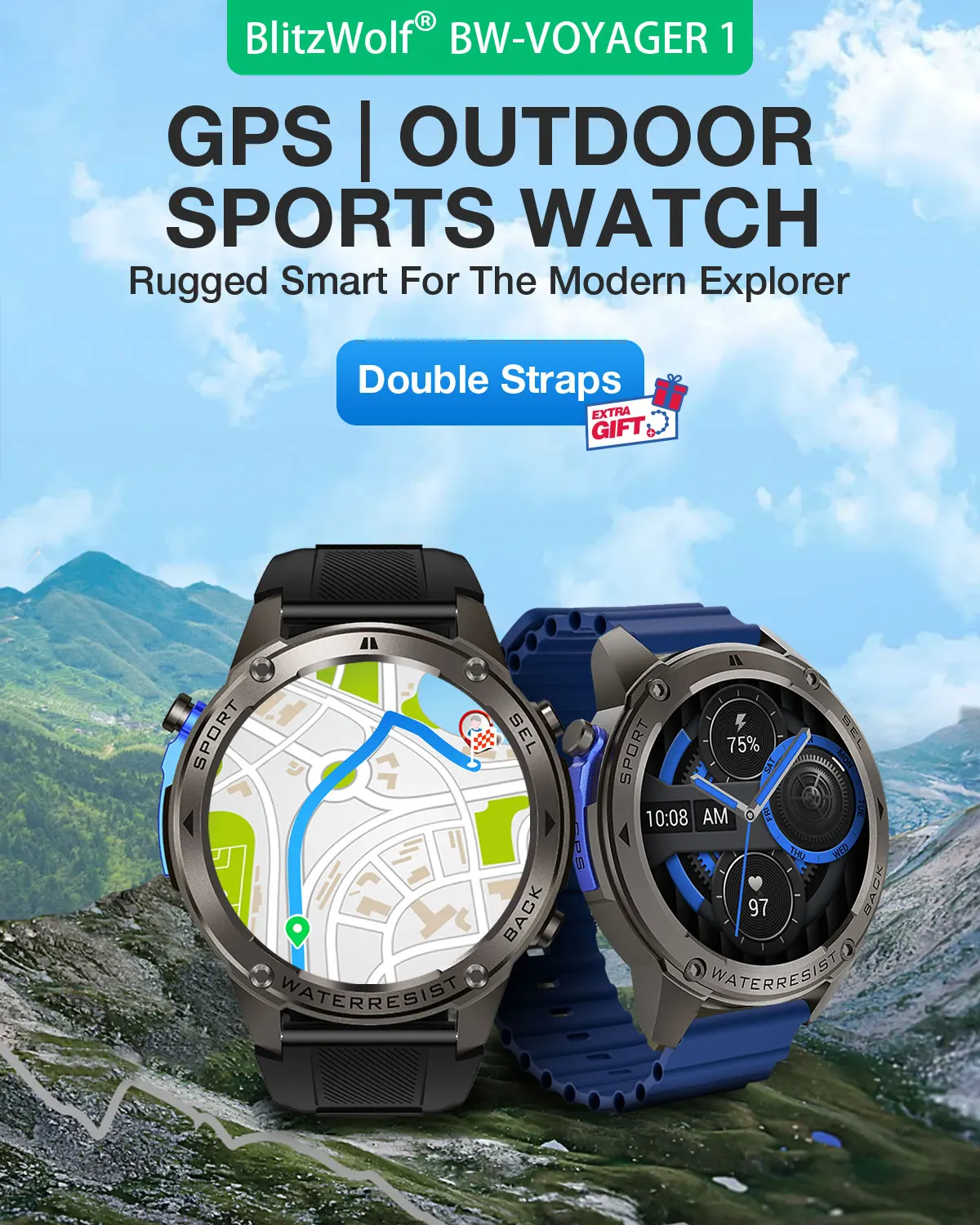 BlitzWolf BW-Voyager1 1.43 inch AMOLED Double Straps Compass & Barometer 10ATM Waterproof bluetooth Call Heart Rate Smart Watch